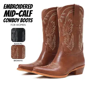 Cowboy Boots For Women Pointed Toe Chunky Block Heel Easy Pull on Wide Calf Embroidered Party Dressy Shoes