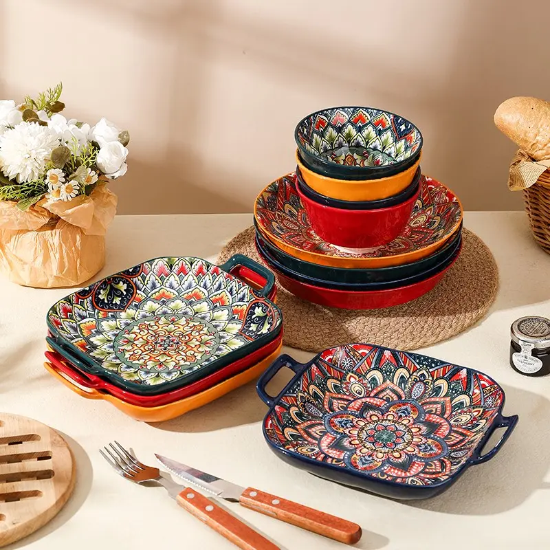 Christmas & Thanksgiving Serving Set with Bowl, Round Plate & Double Ear Plate, Microwave & Dishwasher Safe, Ceramic Set, Perfect Holiday Gift, Dinnerware Sets, Tableware Kit