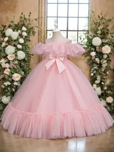 Elegant Long Dress for Girls, Lace Decoration, Off-Shoulder Design, Perfect for Special Occasions and Parties, Kids Fashion Clothing, Princess Peach Dress Poof
