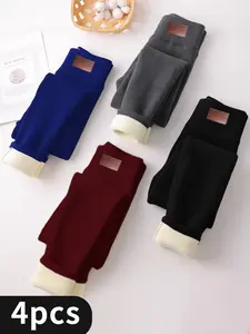 4PCS Women's Fleece-Lined High-Waisted Leggings - Ultra Warmth, With Phone Pockets,Tummy Control & Butt Lift, Sculpting High-Stretch - Comfortable & Versatile,Solid-Colored Yoga Pants