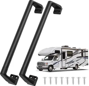 16" RV Grab Handle Handrail, Matte Black Aluminum Assist Rail for RV Steps Camper Trailer, Anti-Slip RV Screen Door Handle Replacement with PA66 Base, 2-Pack