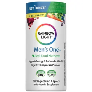 Rainbow Light Mens Multivitamin One + | 60 Caplets | Supports Energy & Antioxidant Health | with Real Food Nutrients, Digestive Enzymes & Probiotics