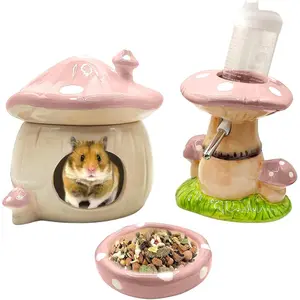 Ceramic Hamster Hideout Water Bottle with Stand Food Bowl Hamster Accessories Pink