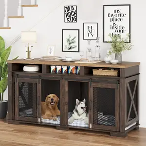 【GARVEE】71" Double Dog Crate Furniture for 2 Dogs with Removable Divider, 3 Storage Compartments, Sliding Barn Door, Indoor Dog Kennel and Furniture Style Dog Cage