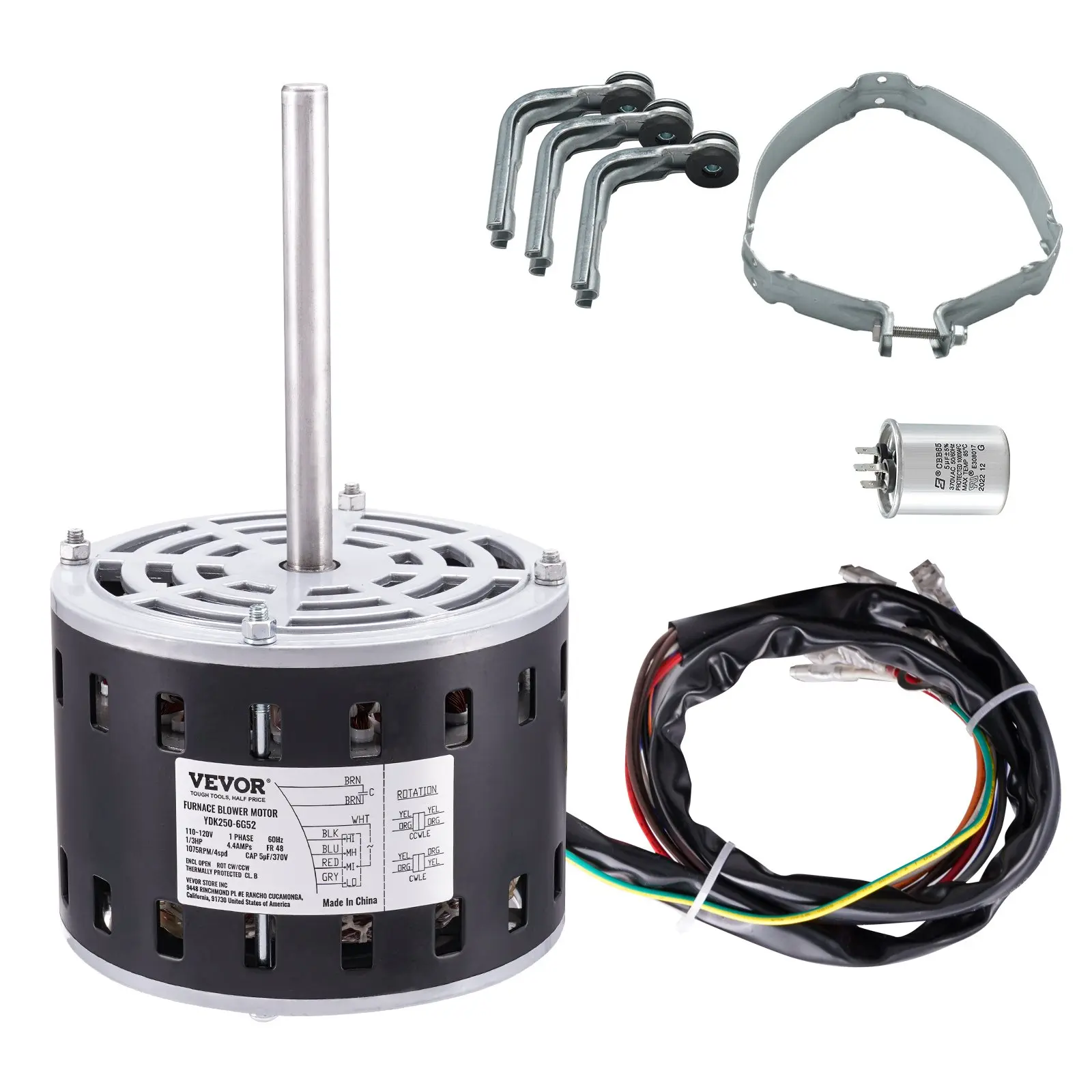 VEVOR 1/3HP Furnace Blower Motor, 110/120V 4.4Amps, 1075RPM 4 Speeds, CW/CCW Rotation, 48 Frame 5.2 Shaft Length, 5F/370V Capacitor+ 11 Hold Hoop