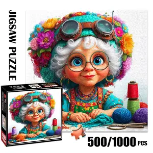 1pc 1000 piece adult puzzle 58x58cm Floral - adorned Knitting Character with Goggles and Yarn Supplies 500 pieces of paper puzzle, suitable for adults and families, large-scale DIY puzzle interacti