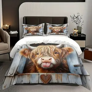 Cute Scottish Highland Cow Bedding Set, Soft Polyester Fitted Sheet & Pillowcases, Modern Digital Print, Bedroom Decor Gift, Soft Bedding Sets, Bed Sets Supplies