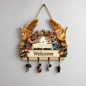 Christian Welcome Key Holder Wall Decor – Last Supper Wooden Key Rack