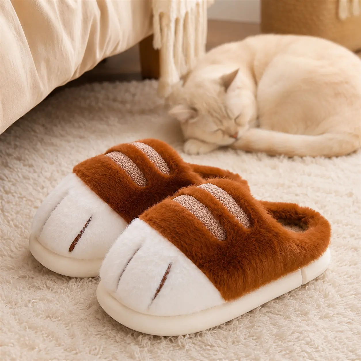 Women's Cozy Cat Paw Slide Slippers for Women, Soft Cotton Round House Slippers, Winter Warm Fluffy Plush Indoor Shoes, Slip-Resistant TPR Sole