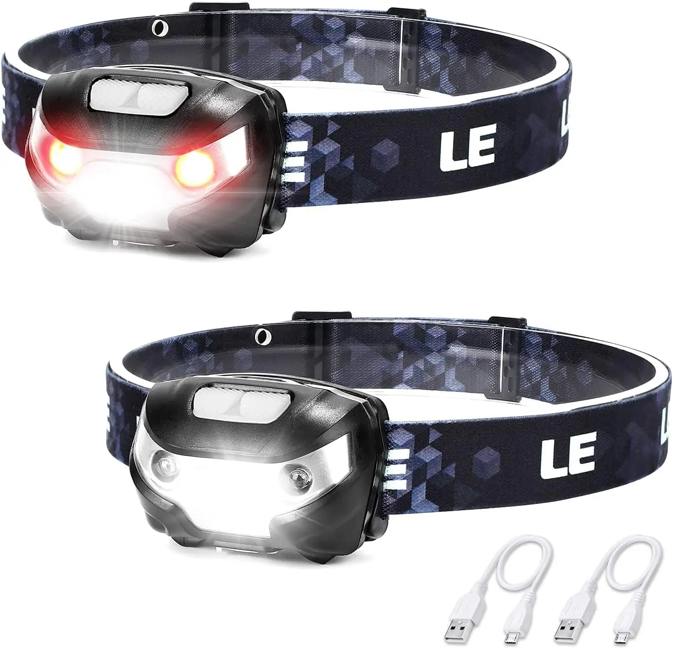 Lighting EVER Rechargeable LED Headlamp - High Brightness, 5 Modes, IPX4 Waterproof, Red LEDs, Adjustable, 500ft Beam, Hands-Free, Washable Band, USB Cable Included, Portable Compact Long Range Nighttime Flashlight Headlamp for Camping, Hiking, Nighttime,