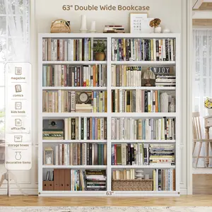 HOSTACK 63" W Open Book Shelf, 73" Tall Bookshelf with Storage, 12 Display Shelves, 6 Tier Wooden Book Case for Living Room, Home Office, Library