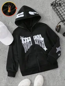 Kids ‘Eternal Wealth’ Graphic Zip-Up Hoodie — Hot-Selling Streetwear! Bold Text + Star Accents, Black Base & Warm Fleece Lining For Kids’ Casual Style. Trendy Statement Top.