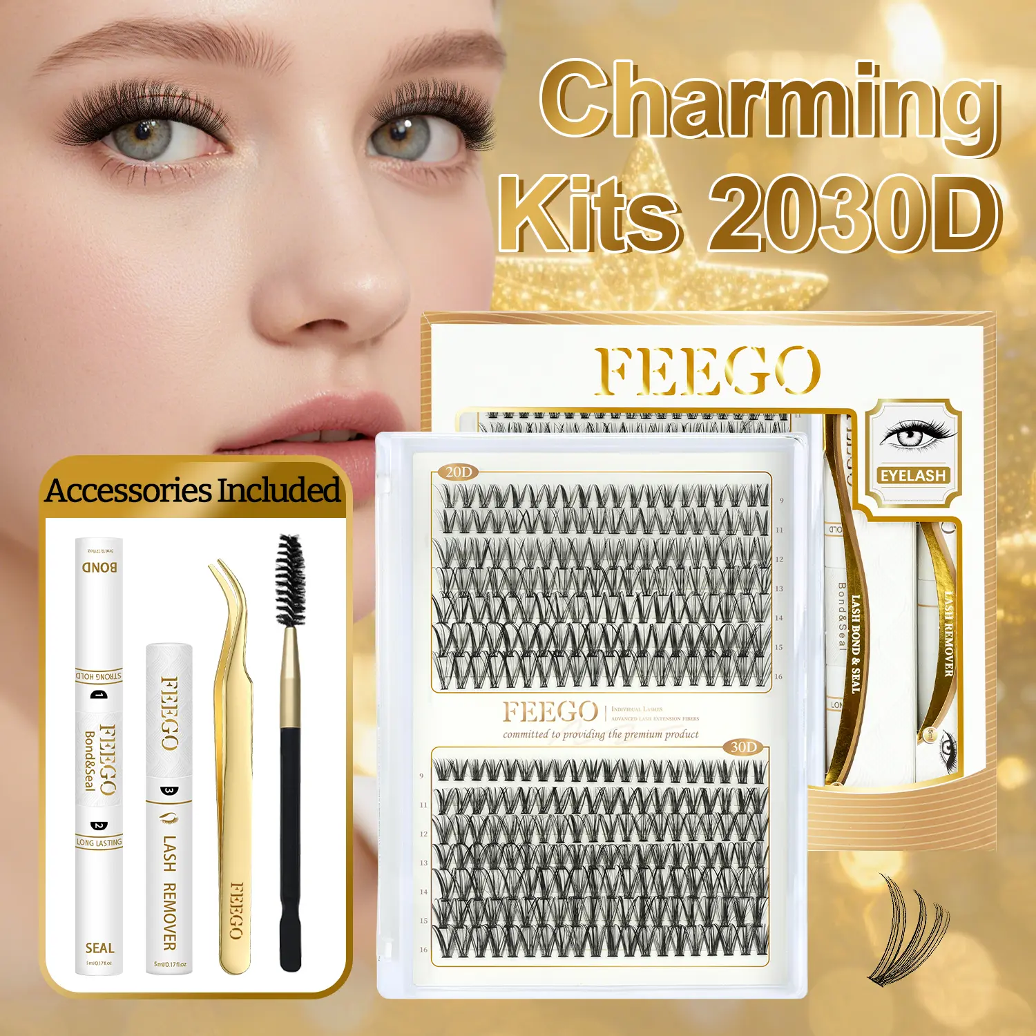 FEEGO Charming Kits 2030D Eyelash D Series Set 20D Natural Thickness 30D Extra Long D Curl 280pcs 9-16mm Eyelash Set Includes (Double Head Adhesive + Remover + Tweezers + Eyelash Brush) Lash Extension Waterproof wispy volume