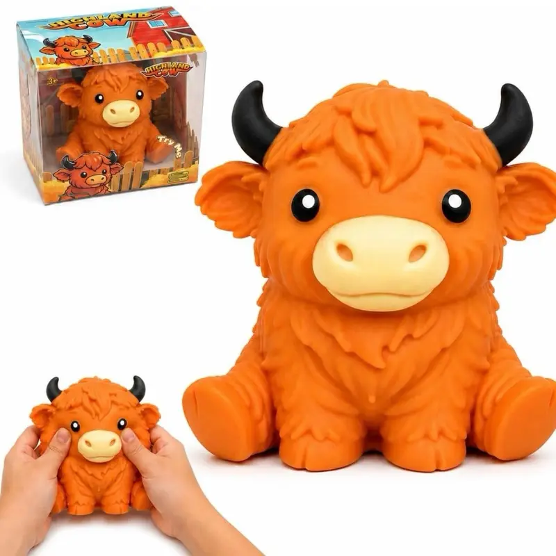 Giant Highland Cow Squishy - 15.5cm Orange Brown Yellow - Cute Realistic Features - High Quality Soft Stretchy Material - Portable Fun