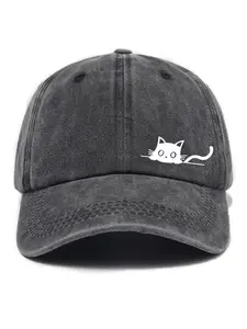 Cute Cartoon Cat Print Washable Material Soft Top Baseball Cap, Unisex Casual Fitted Sun Hat, All Seasons Fashion Accessory, Animal Hats
