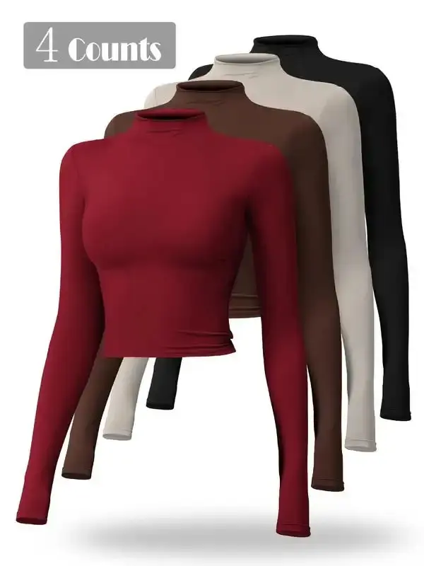 Women's Solid Mock Neck Sports Tee, Quick Drying Breathable Long Sleeve T-shirt for Yoga Gym Workout Clothes, Ladies Sportswear for Fall & Winter