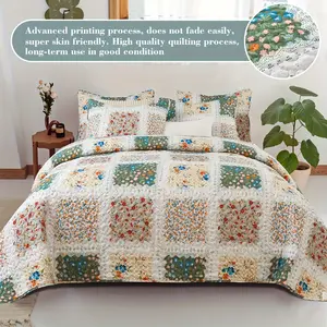Vintage Floral Patchwork Lightweight Quilted Thin Blanket, Rustic Style Bedspread, All-Season Bedding Set (King/Queen size comes with 2 pillowcases; Twin size comes with 1 pillowcase)