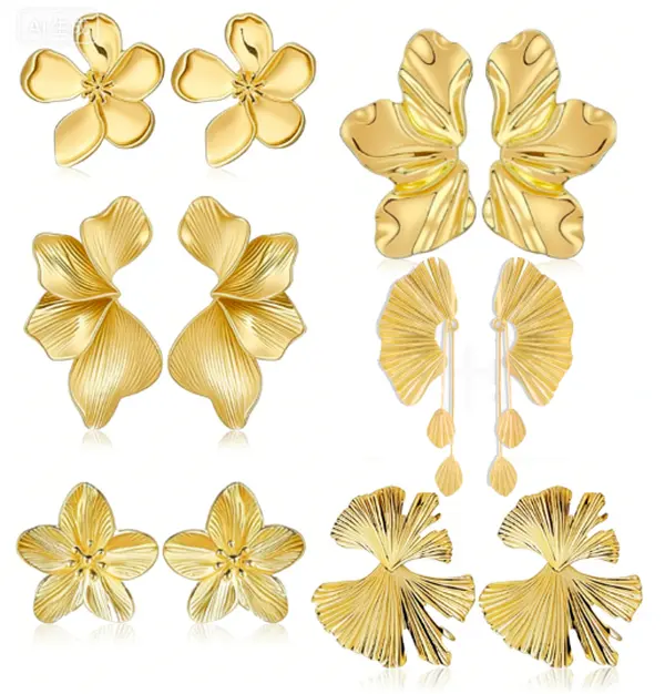 6 Pairs Gold Flower Statement Earrings for Women, 14K Gold Plated Large Irregular Leaf Drop Earrings, Big Chunky Dangle Floral Earrings Set for Gift