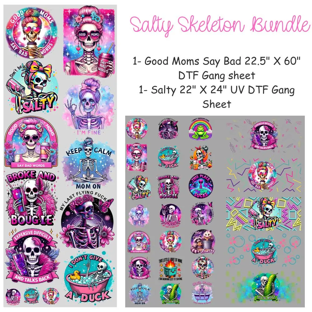 Salty Skeleton Bundle 22" X 24" UV DTF and a  DTF Transfers Gang Sheet 22” wide x 60” long DIY Direct to Film T Shirt Transfers