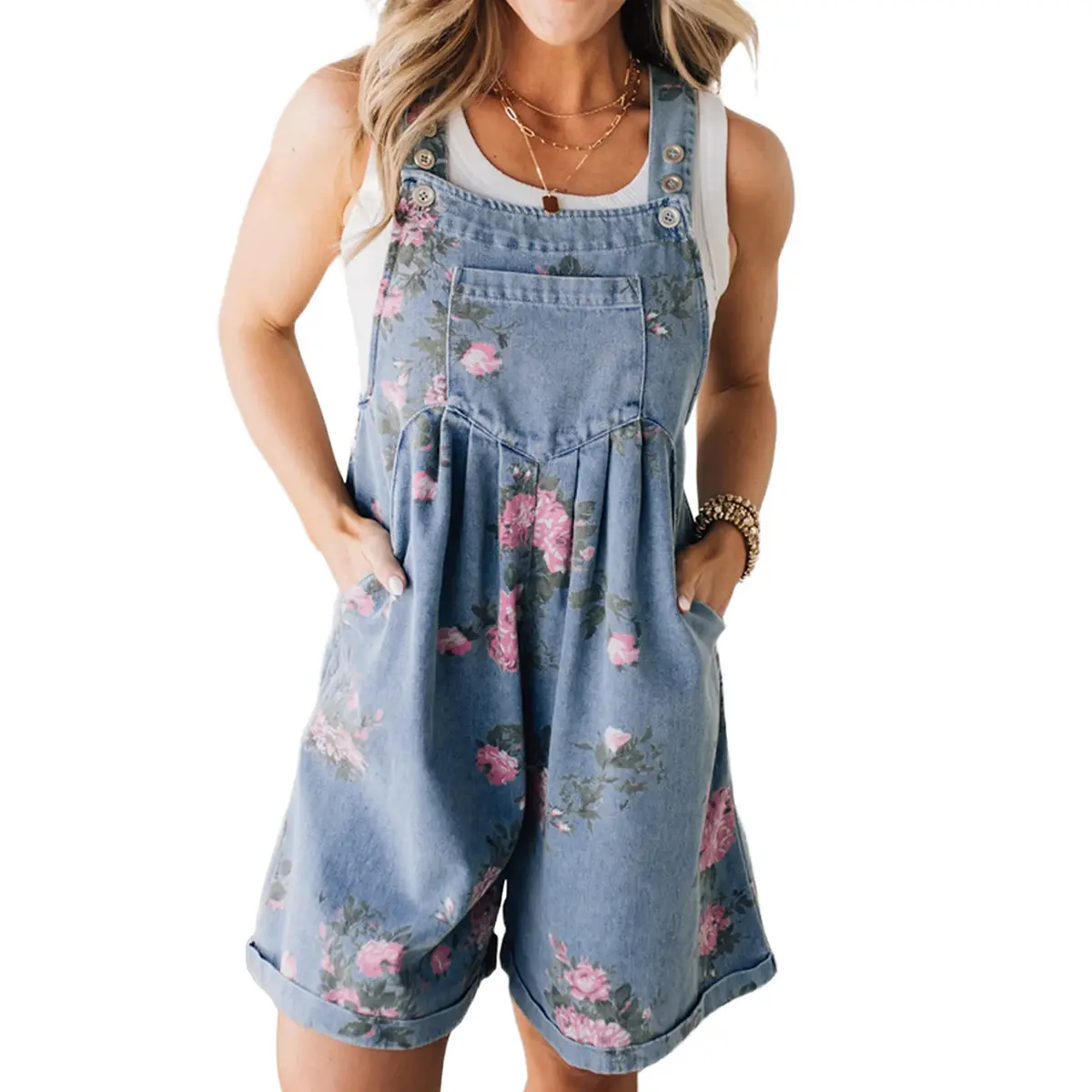 Mntaor Women's Myosotis Floral Print Denim Shortalls -  Adjustable Straps for Summer Daily, Garden Party Use