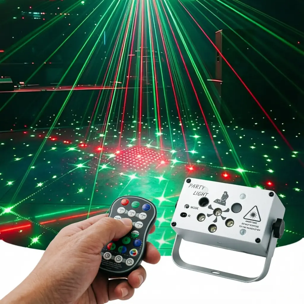 GOLDACE Aluminium Laser Disco Light Party Projector, Red-Green Pattern Strobe Lamp for Home Room Decor, Dances, Commercial Lighting Events