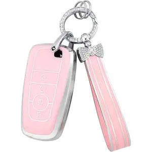 Key Fob Cover for Ford 4 Button Pink Bling Keychain Bronco mustang Explorer Edge Fusion Expedition F150 Escape Ranger Car Keys Case Shell Full Covers Protector Accessories Girly Women TPU