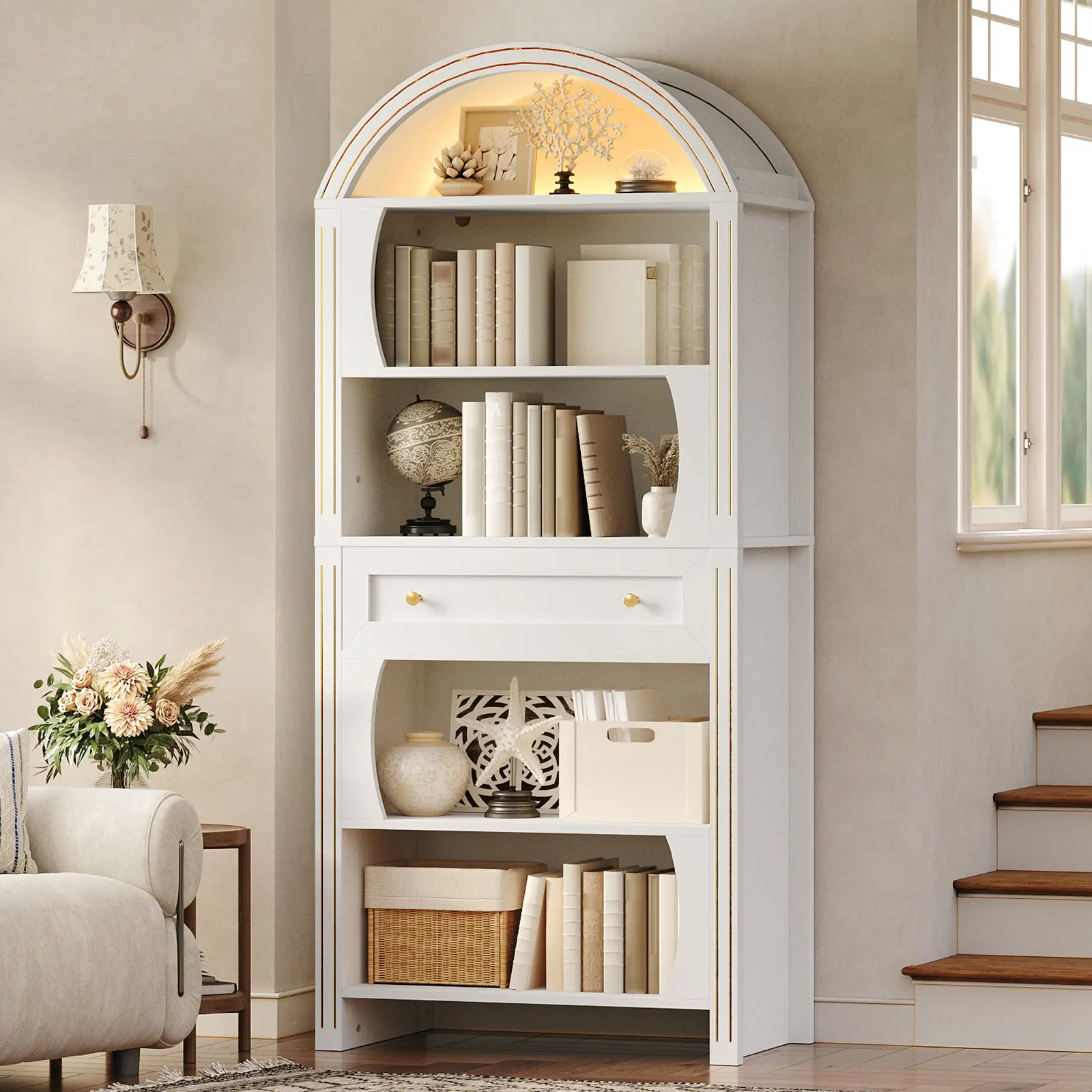 70.3in Tall Farmhouse Arched 6-Tier Engineered Wood Bookshelf - Adjustable LED Lights, Storage Drawer, Anti-Tip Base, Open Shelving, Home Library Storage System Shelf for Bedroom, Home Office