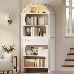 70.3" Tall Arched 6-Tier Engineered Wood Bookshelf with LED Lights, Rustic Farmhouse Decor, Open Shelving, Drawer & Anti-Tip Base, Freestanding Display Rack for Bedroom, Living Room