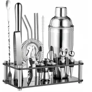 18-Piece Professional Cocktail Shaker Set and Bartender Kit with Stand, Stainless Steel Bar Tools Gift Set with Muddler, Jigger, Mixing Spoon for Home Bar and Mixology