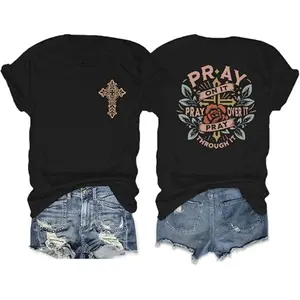 Pray On It Pray Over It Pray Through It Graphic Tee Womens Christian Faith Floral Cross Print Oversized Crewneck Short Sleeve Casual Soft Cotton Streetwear Top