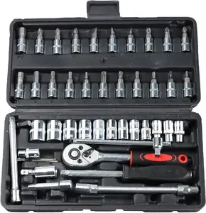 46 Pieces Mechanic Tool Kit, 1/4” Drive Socket Ratchet Wrench Set with Bit Sockets & Extension Bar, Metric Mechanical Tool Set for Auto Repair, Household Maintenance, and General Handyman Tasks – Durable Chrome Vanadium Steel