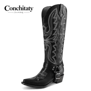 CONCHITATY Cowboy Boots for Women with Buckle Strap Knee High Cowgirl Boots Embroidered Pointed Toe Chunky Heel Pull On Western Tall Boots for Rodeos Party Concert Festival Walking Shoes