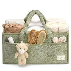 PERABELLA Baby Diaper Caddy Organizer with Teddy Bear Charm & Plush Sherpa Exterior - Versatile Storage Basket for Nursery & Changing Table - Ideal Gift for New Moms