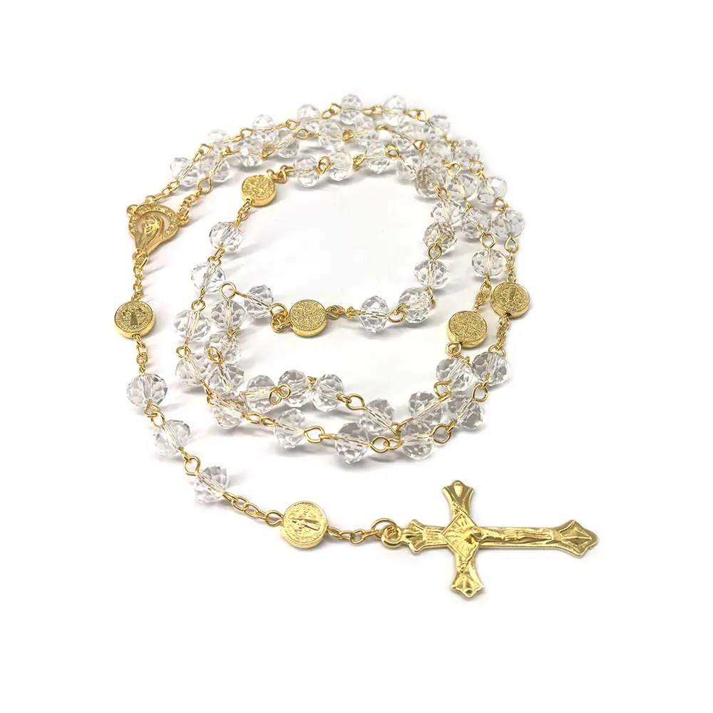 Catholic Rosary Necklace for Men and Women, Vintage White Crystal Prayer Beads with Zinc Alloy Crucifix, 22 Inch Stainless Steel Chain