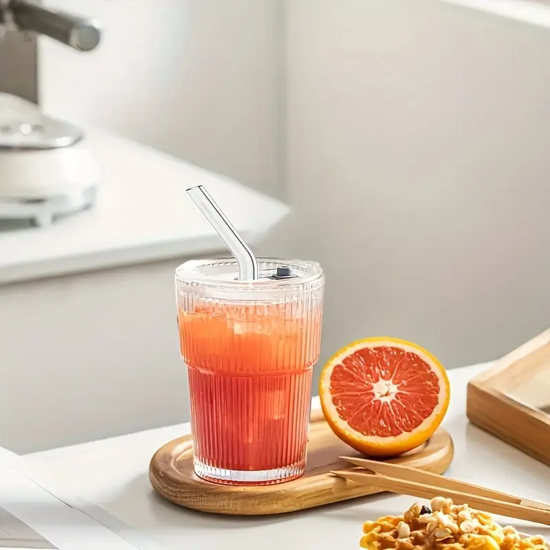 Reusable Glass Cup Set with Lid & Straw, Dishwasher Safe, Perfect for Iced Tea, Juice, Water, Milk Tea, Smoothies, Stylish Drinkware Glassware