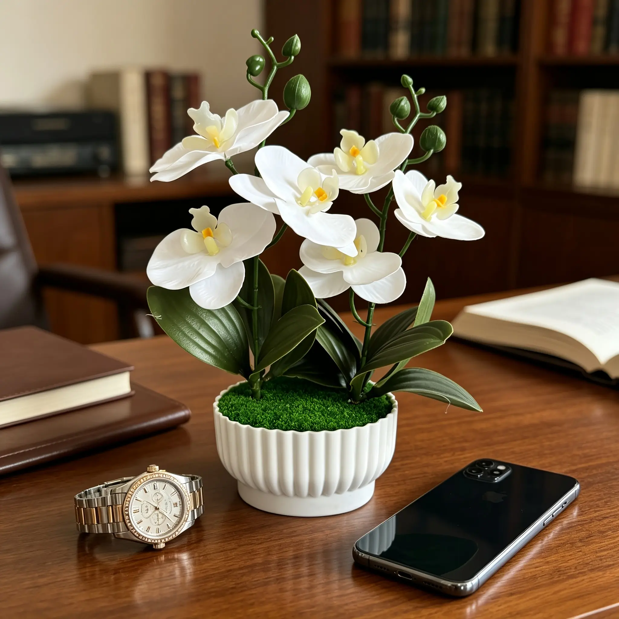 Elegant Artificial Orchid Potted Plant, Decorative Home Decor for Desk, TV Stand, Bedroom, Office, Wedding, Party, Thanksgiving, Graduation