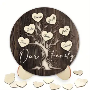Wooden Family Tree Shaped Ornament, 1 Set DIY 3D Family Tree with Heart Shaped Labels, Home Decor, Birthday Wedding Gift for Grandma Grandpa Mom Dad Women