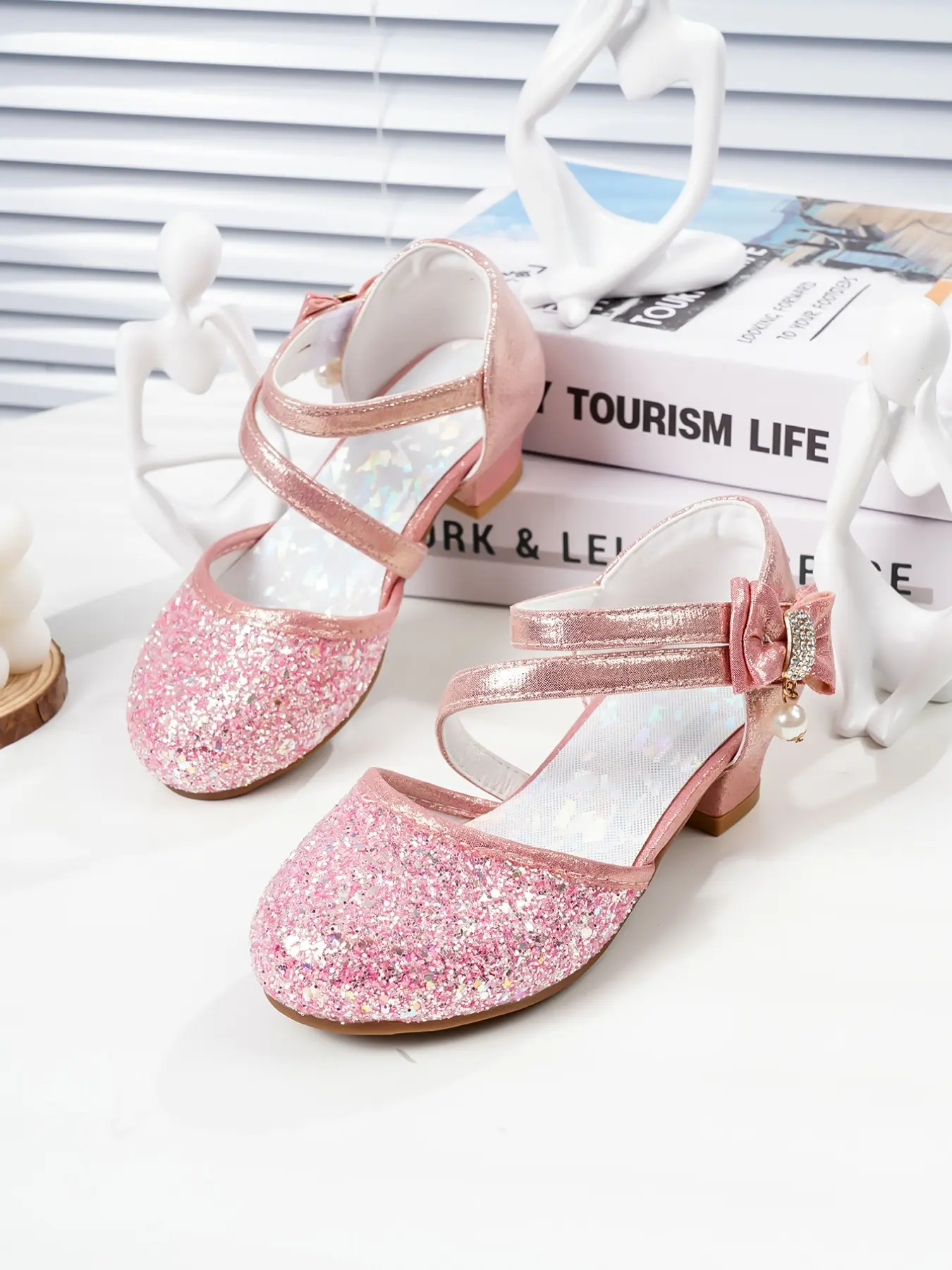 Girls' High Heel Shoes, Middle School Student Performance Shoes, Korean Style Rhinestone Sequins, Glitter Bow Princess Shoes, Sparkly Sandals, Cute Bow Sandals