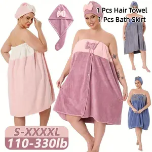 2pcs Set, 31.89*88.58inch/31.89*64.96inch S-XXXXL Adjustable with , Oversized Bath Skirt + Triangular Hair Drying Cap, Two-Tone Solid Color, Extra-Large And Thickened Bath Skirt, Suitable for Home, Travel, Steam Room, Spa, And Beach, Wash Cloths