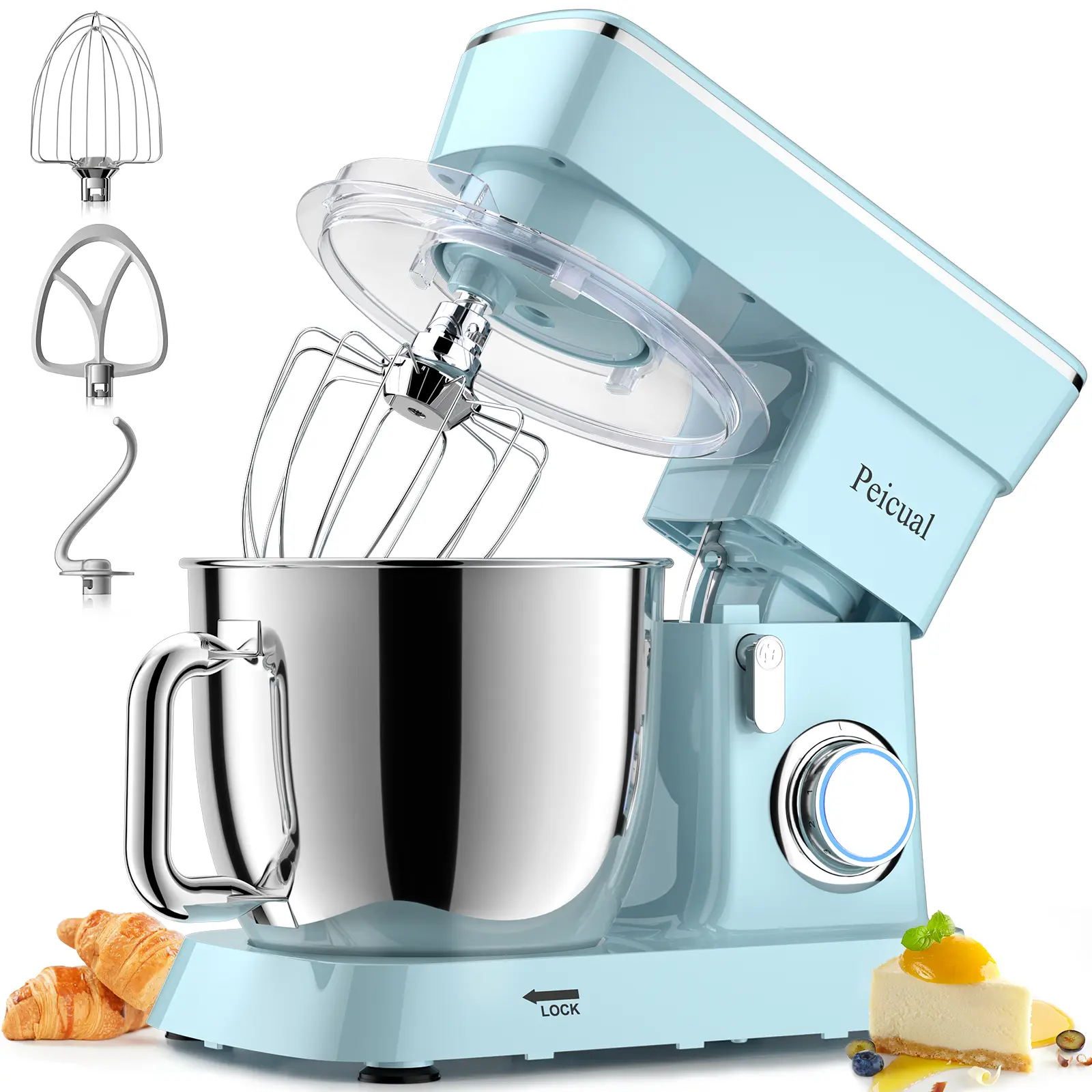 Peicual 6QT Tilt-Head Multifunctional Stand Mixer Machine - Powerful Household Kitchen Mixer with 10+ Variable Speed Electric Operation, Stainless Steel Bowl, Dough Hook, Beater, Whisk