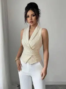 Women's Slim Fit Sleeveless Striped Back Tie Waistcoat, Cross Front Asymmetrical Hem Shirt, Elegant Business Casual Top, Womenswear
