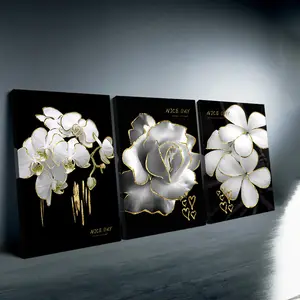 Framed 3 Piece Nordic White Rose Flower Gold Lace Canvas Painting Floral Poster and Print Black Background White Flowers Wall Decorative Modern Wall Art Picture for Living Room Bedroom Home Decor
