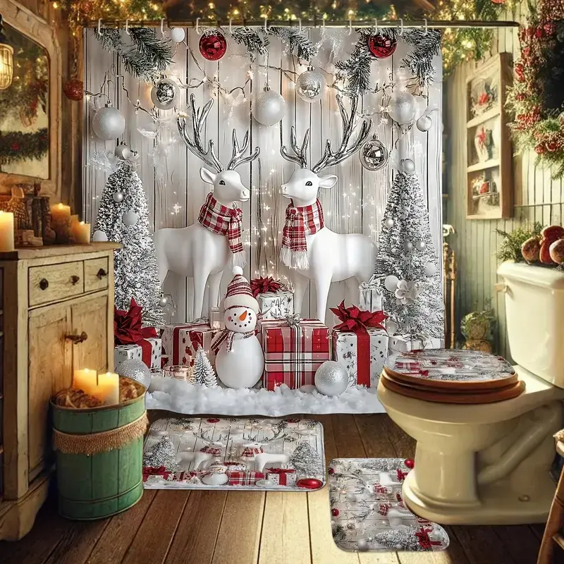Christmas Winter Shower Curtain Set, Silver Color, Includes Tree Deer Gift Snowman, Washable, Holiday Bathroom Decor, 12 Hooks Included, Bathroom Decoration Accessories