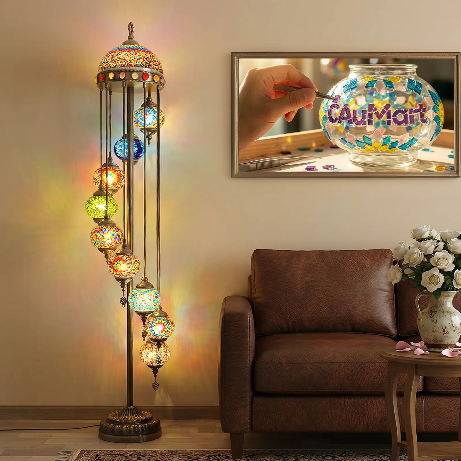 77” H × 17.7” W Moroccan Boho Handmade Floor Lamp, 9 Globe Mixed Color Turkish Mosaic Lamp with Extra Large Top Lampshade, Indoor Use Decorative Glow Ambient Lighting for Luxury Home Decor