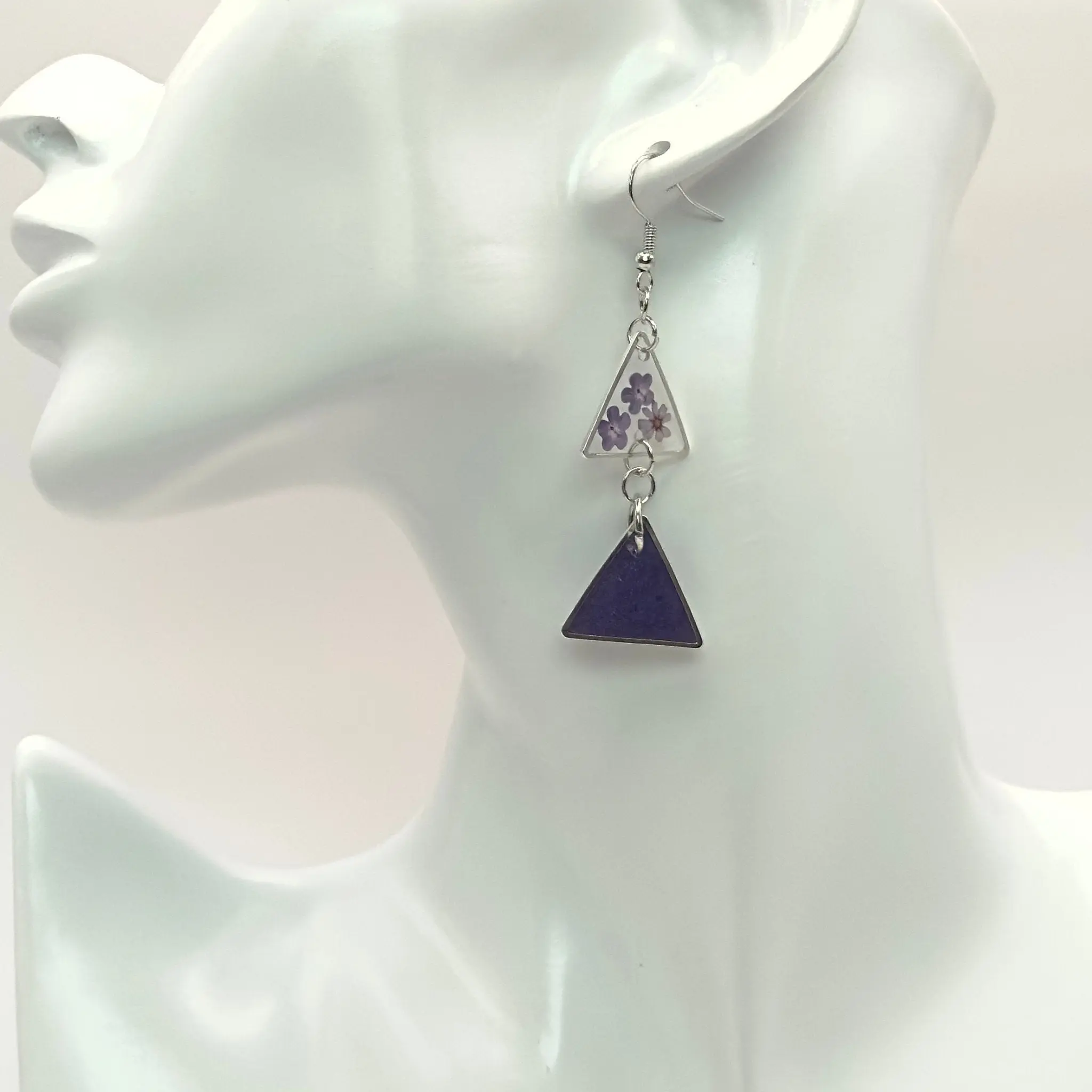 Double Triangle Dangle Earrings with Delicate Flowers & Bold Color Accents Fashionable Alloy Bezel Components Unique Sophistication