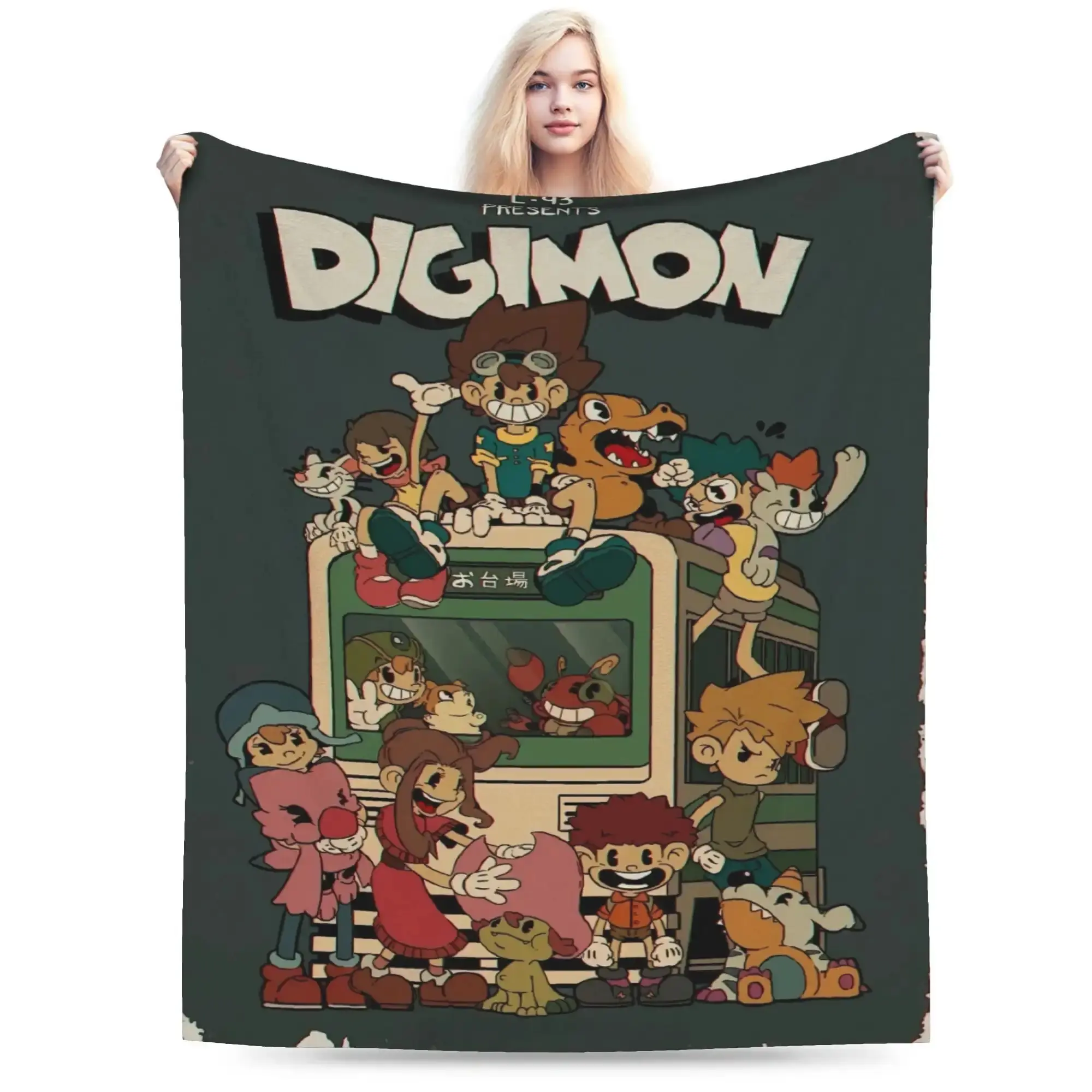 Cartoon Digimon Theme Print Flannel Blanket - Suitable for Home, Office, Travel and Outdoor Use - Machine Washable