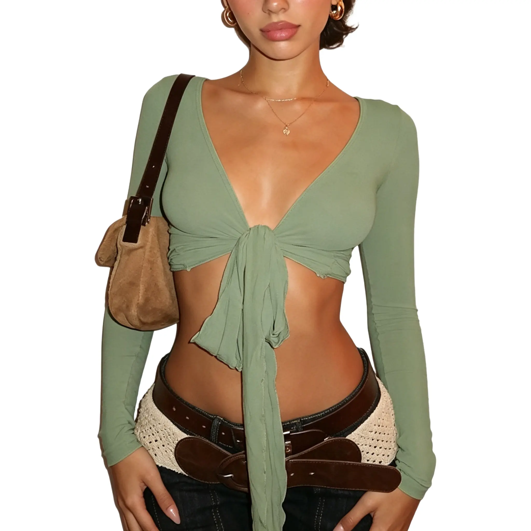 Women's Long Sleeve Shirts Tie Front V Neck Crop Tank Top Casual Coquette Party Wear Summer Spring Vacation Festival Trendy Cute Soft Comfort Breathable Lightweight Flowy Resort Chic Cozy Y2k
