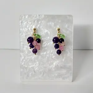 #178 Purple Bead Grapes & Leaves with Gold Ball Stud Earrings, Casual, Everyday Summer Fruit Food Jewelry, Beads