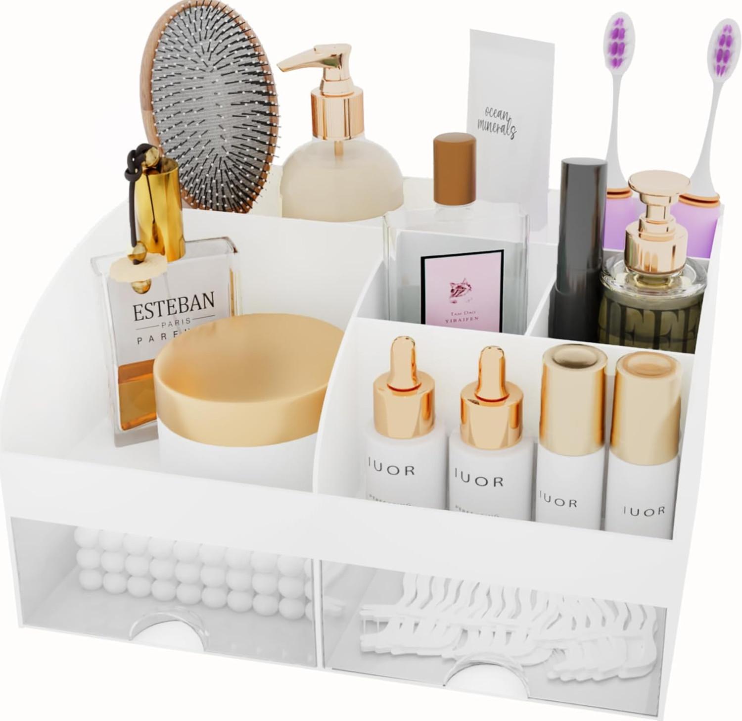 Makeup Organizer with Drawers, Cosmetic Storage Box for Vanity Dresser Bathroom Countertop, Skincare & Makeup Holder for Lipstick Brush, Beauty Organizer Display Case for Makeup Storage (White) Makeup Organizer with Drawers, Cosmetic Storage Box for Vanity Dresser Bathroom Countertop, Skincare & Makeup Holder for Lipstick Brush, Beauty Organizer Display Case for Makeup Storage (White)
