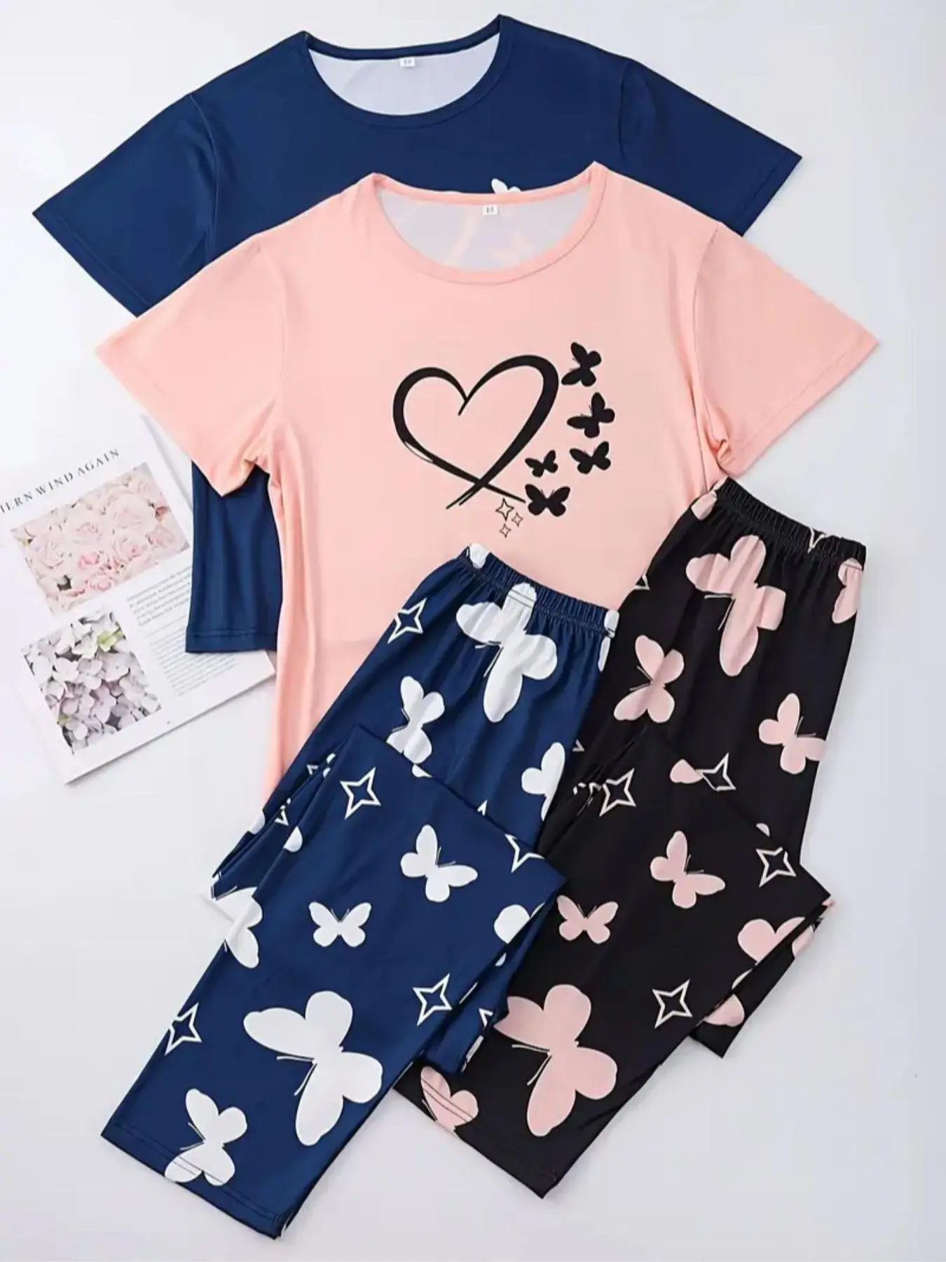 Women's Butterfly Print Tee & Pants Pyjama Two-piece Set, Printed Pajama Set, Casual Round Neck Short Sleeve T-shirt & Trousers PJ Set, Ladies Sleepwear for All Seasons, Casual Sleepwear